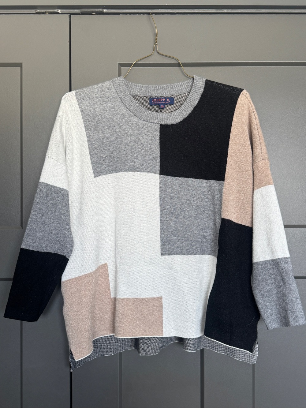 Joseph Geometric Colorblock Crewneck Sweater in Black, Gray & Cream